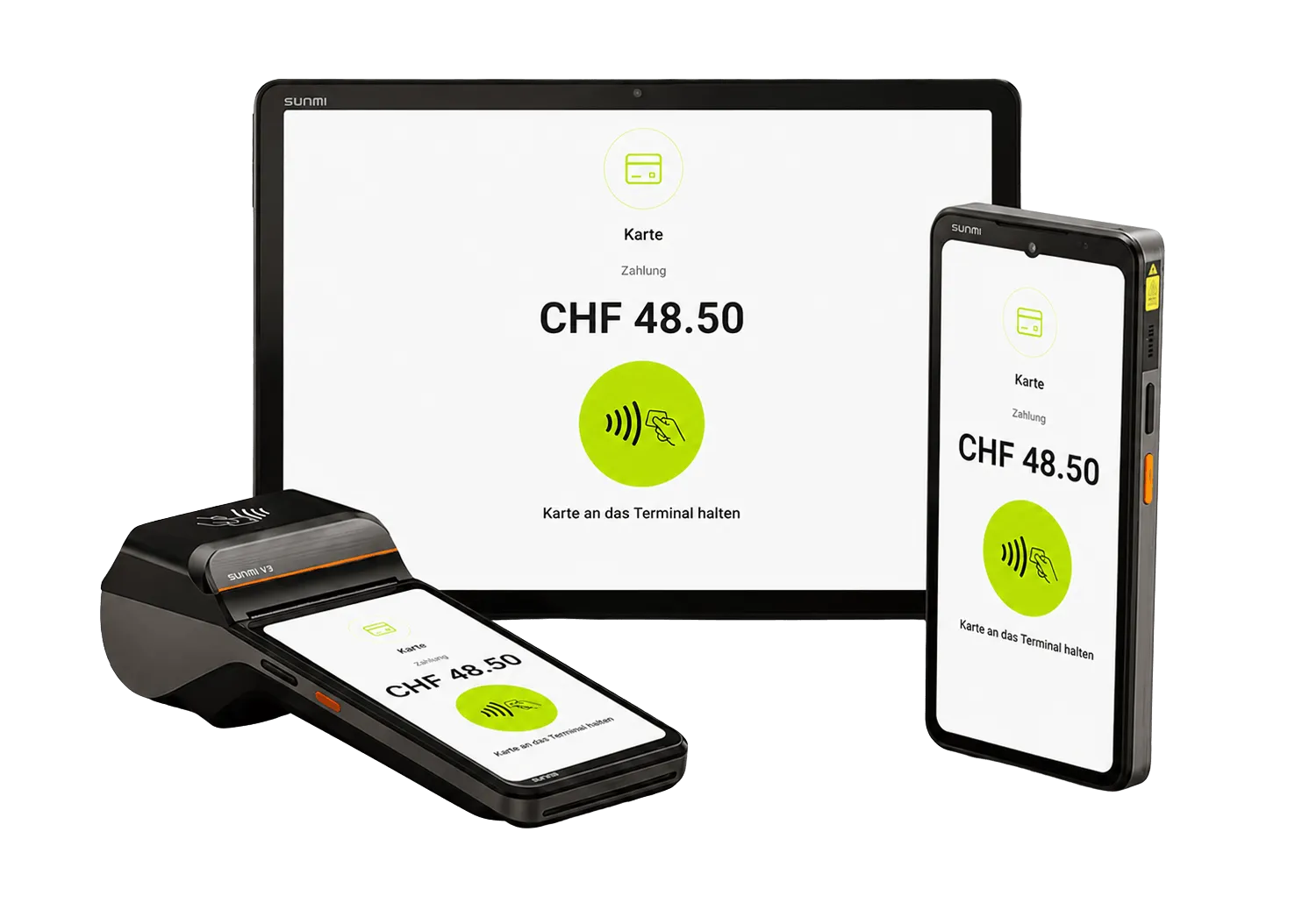 adunopay Kartenterminal, Smartphone und Tablet zeigen eine Kartenzahlung über CHF 48.50